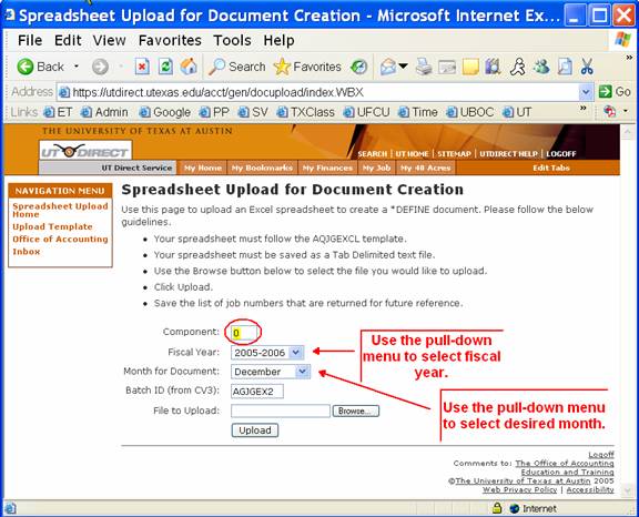 Spreadsheet Upload for Document Creation screen