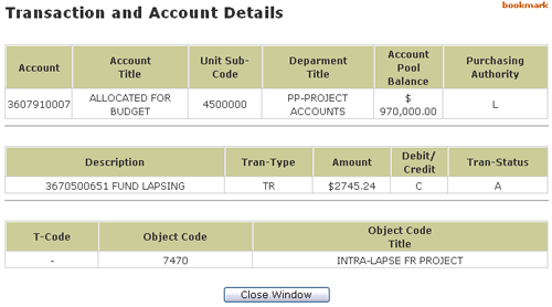 Transaction and Account detail pop-up window image