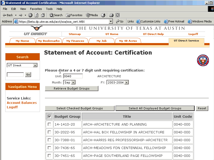 Screenshot of the Home Page of the Statement of Account Certification Pages.
