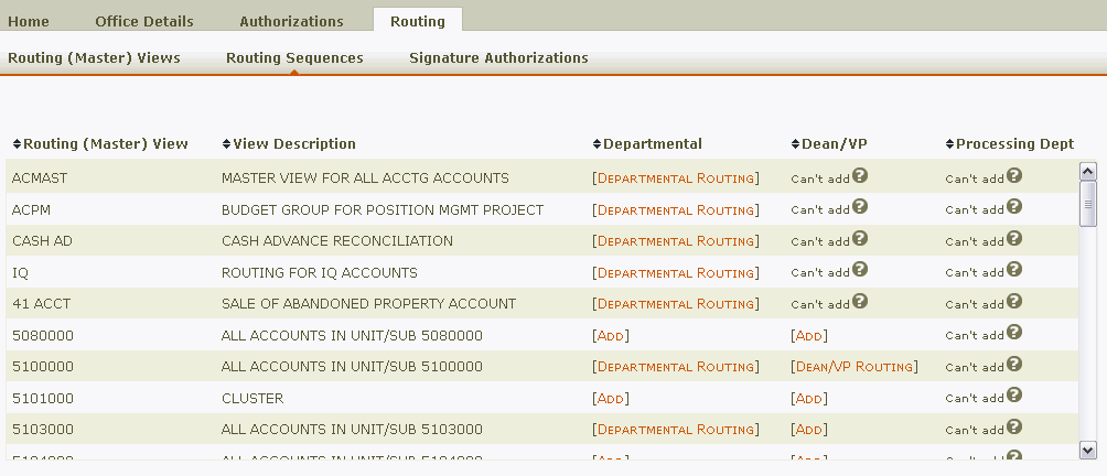 Routing Sequences page